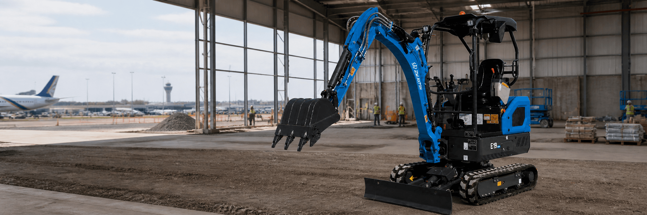 E19 electric mini excavator on a job site